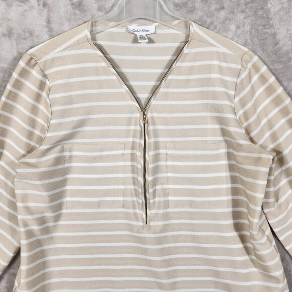 Calvin Klein Oversized Shirt Striped Beige Half Zip Women's Size M - Picture 5 of 10